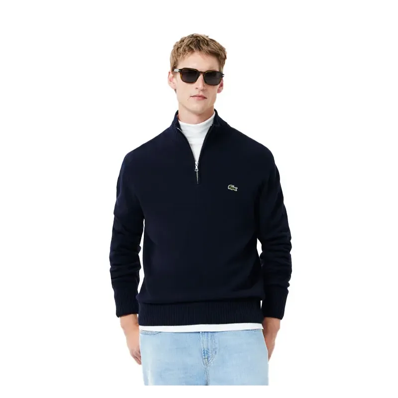 Lacoste - Pull Laine Demi-Zip Marine Face Porté