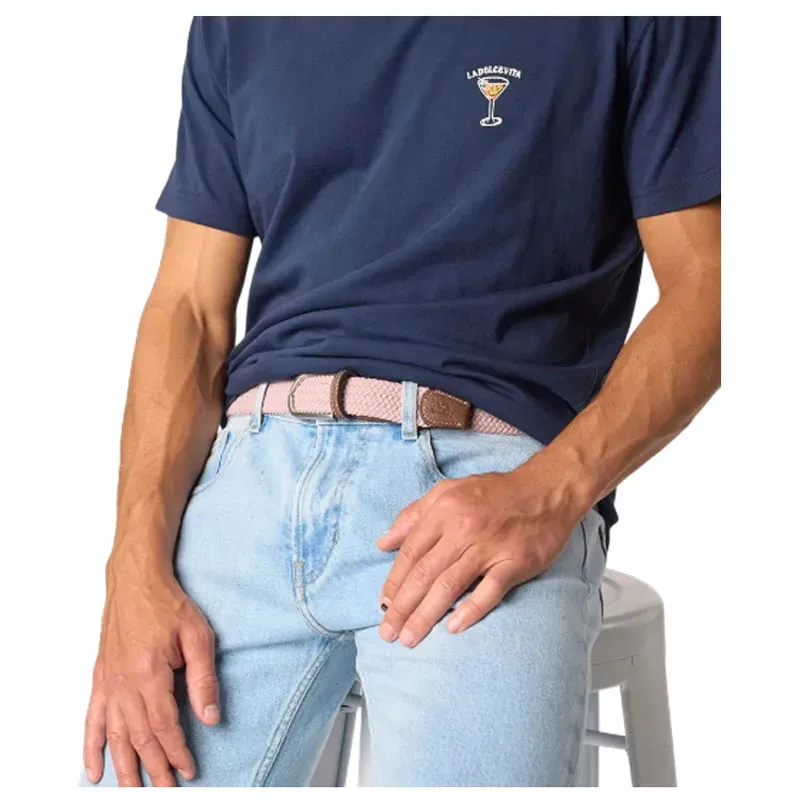 Ceinture élastique tissée rose – Finition cuir