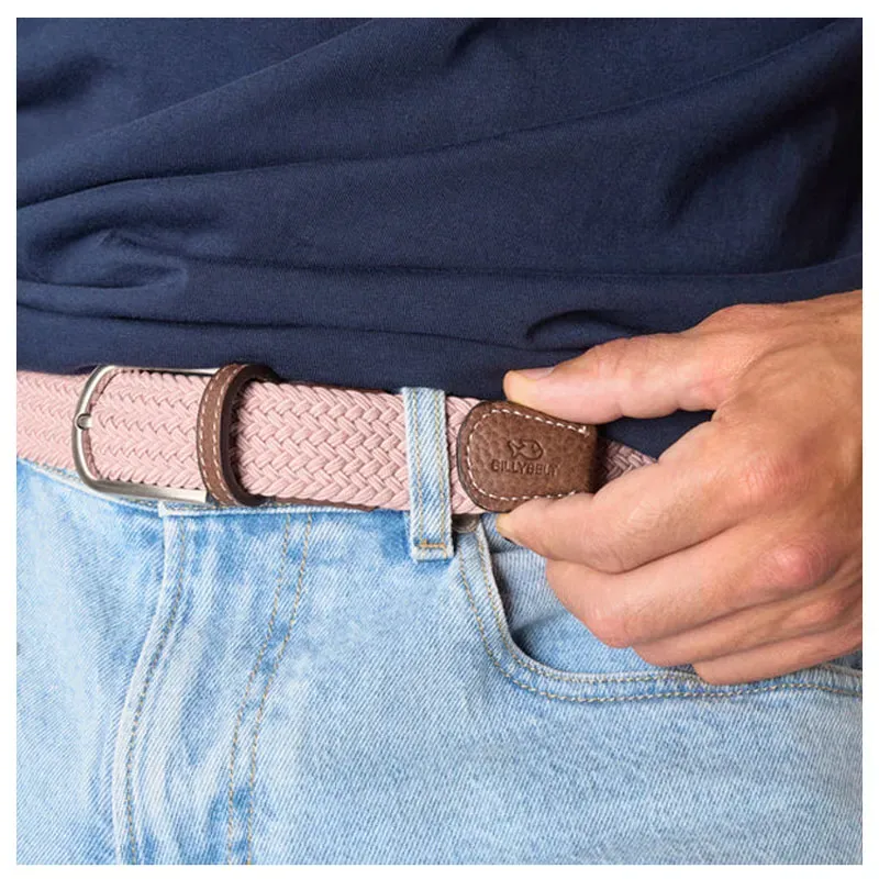 Ceinture élastique tissée rose – Finition cuir