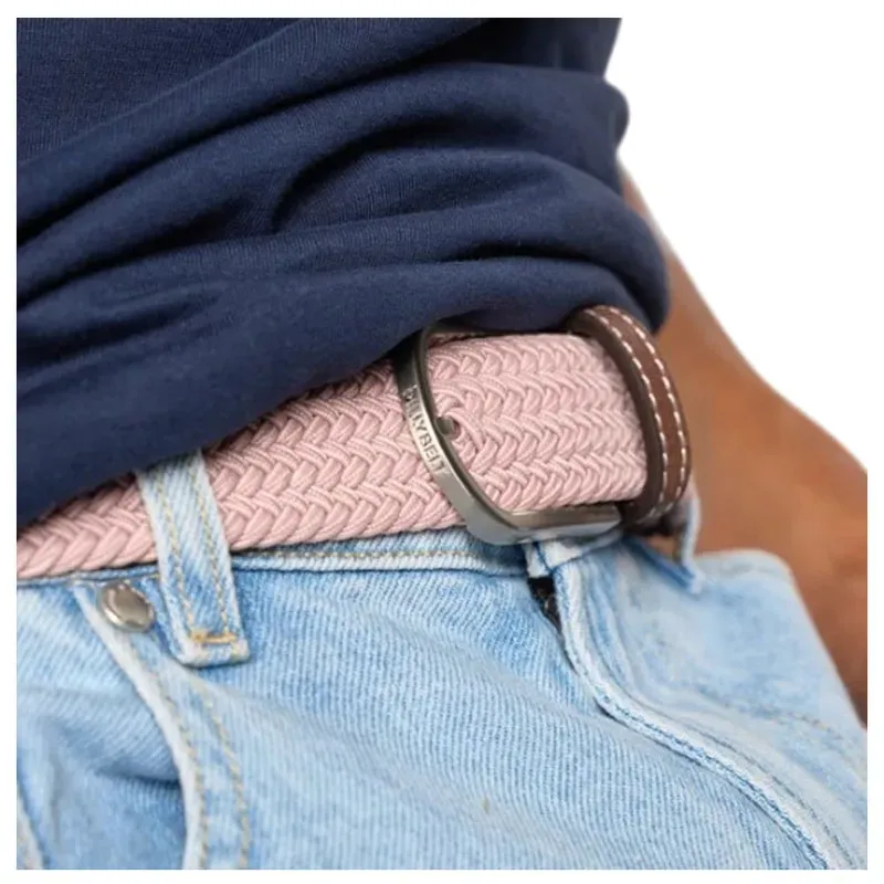 Ceinture élastique tissée rose – Finition cuir