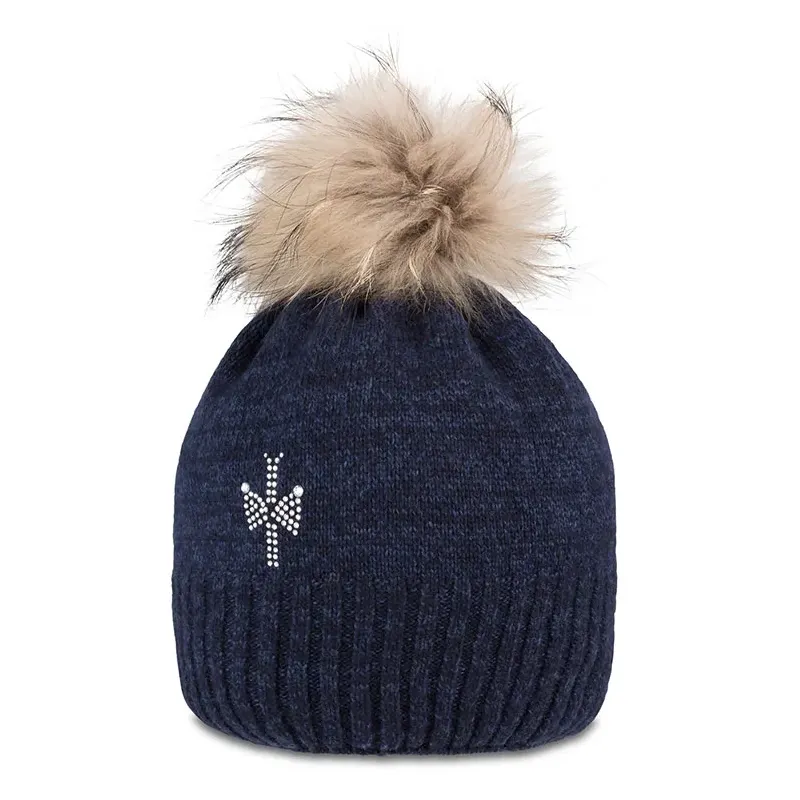 Pipolaki - Bonnet Giulia Pompom Fourrure Marine Femme - Golf Plus